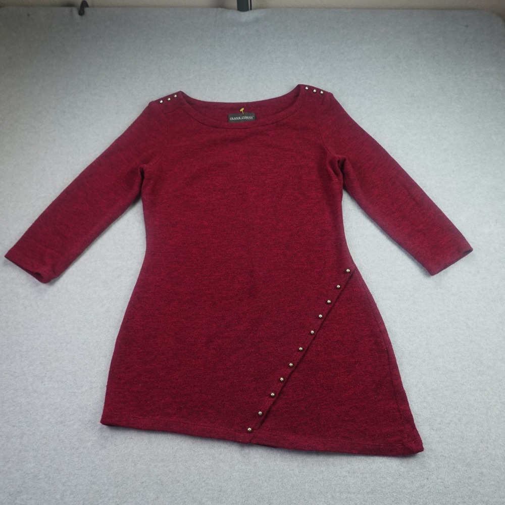 Frank Lyman Top Womens 10 Burgundy Tunic Studded Asymmetrical Knit Blouse